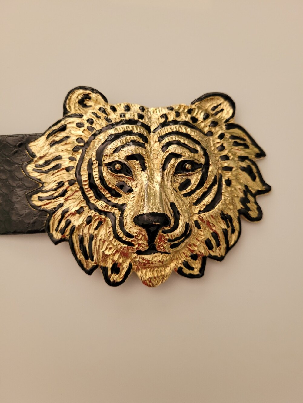 Vtg Mimi Di 1987 Lion Head Belt Buckle Removable belt Black Gold Lux Animal - Picture 3 of 16